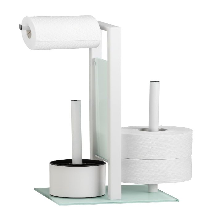 WENKO Toilet Paper Stand with Toilet Brush and Spare Roll Holder, Toilet Paper Holder Stand, Toilet Paper Roll Holder, White, 7.09 x 27.56 x 7.68 in