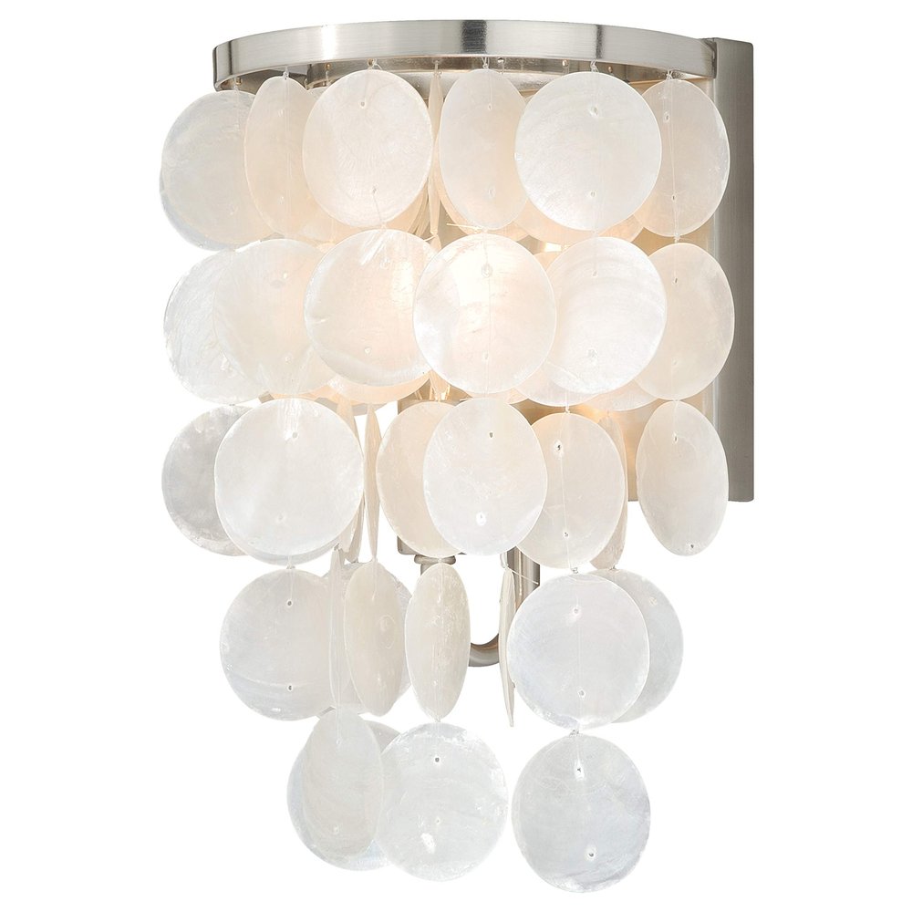 VAXCEL Elsa 1-Light 6.5 inch Wide Satin Nickel Glam Bathroom Vanity Lighting Fixture, Capiz Shell Shade, Dimmable, LED Compatible, Wall Mounted Steel Sconce