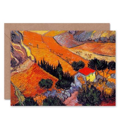 Wee Blue Coo VINCENT VAN GOGH LANDSCAPE WITH HOUSE PLOUGHMAN 1889 BLANK GREETINGS CARD