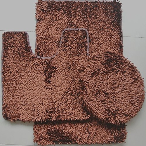 BH Home & Linen 3 Piece Shiny Chenille Bath Rugs Set Large 18" x 30 Contour Mat 18"x18" and Lid. (Brown)
