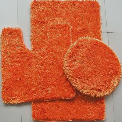 BH Home & Linen 3 Piece Shiny Chenille Bath Rugs Set Large 18" x 30 Contour Mat 18"x18" and Lid. (Orange)