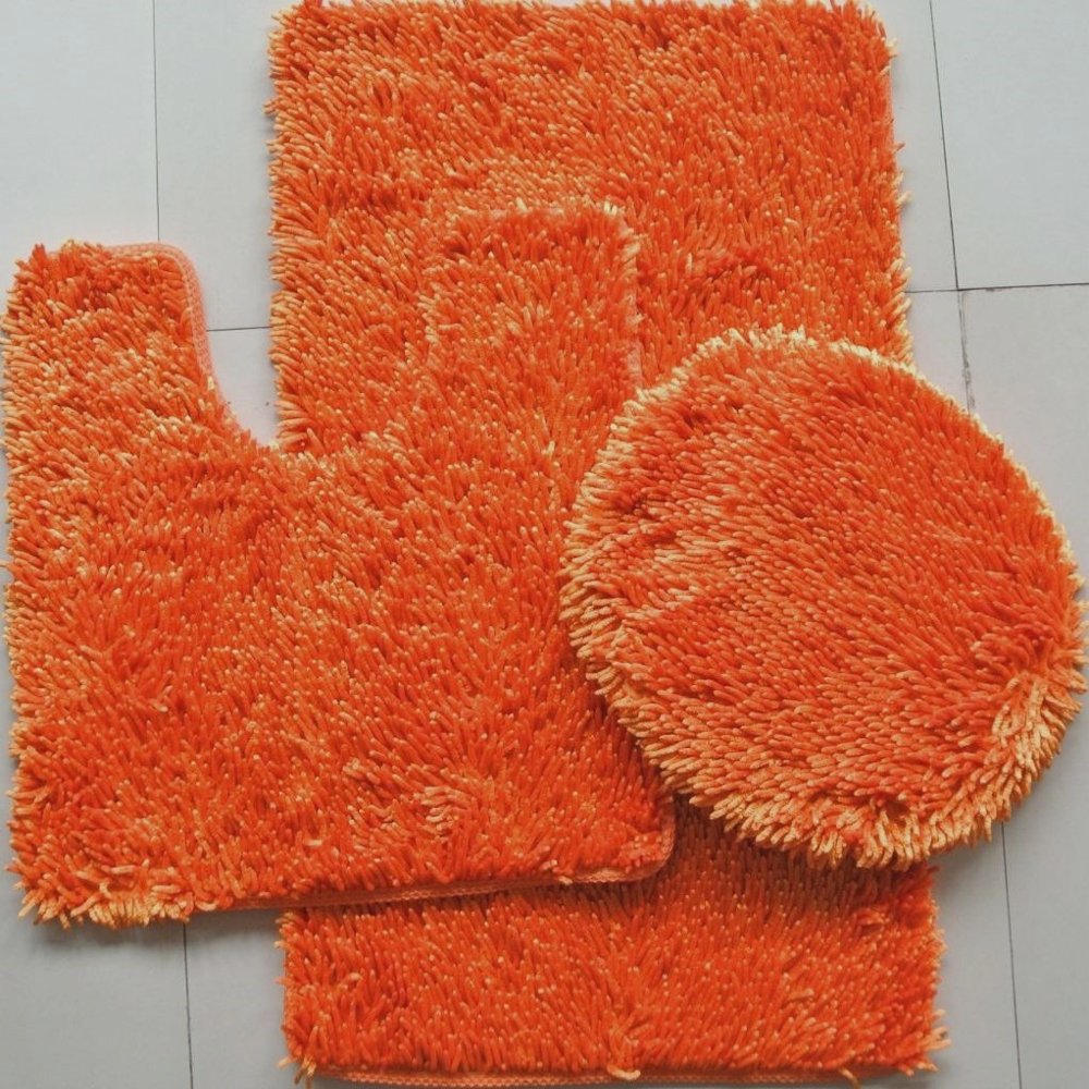 BH Home & Linen 3 Piece Shiny Chenille Bath Rugs Set Large 18" x 30 Contour Mat 18"x18" and Lid. (Orange)