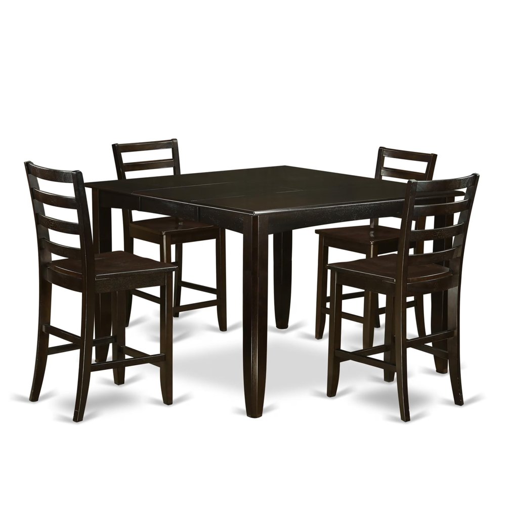 East West Furniture FAIR5-CAP-W 5 Piece Counter Height Dining Set Includes a Square Dining Table with Pedestal and 4 Kitchen Chairs, 54x54 Inch, Cappuccino