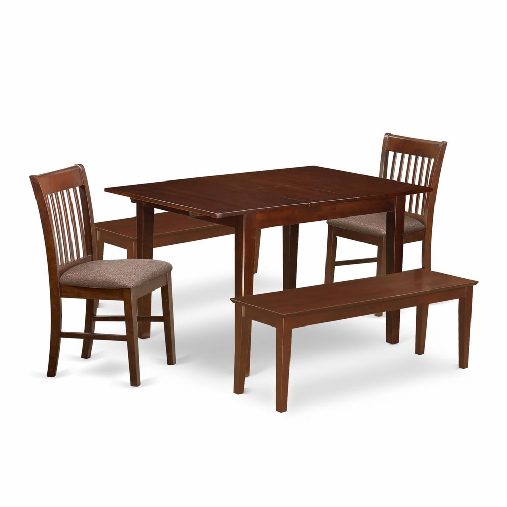 East West Furniture MLNO5C-MAH-C 5 Piece Dining Set Includes a Rectangle Dining Room Table with Butterfly Leaf and 2 Linen Fabric Kitchen Chairs with 2 Benches, 36x54 Inch, Mahogany