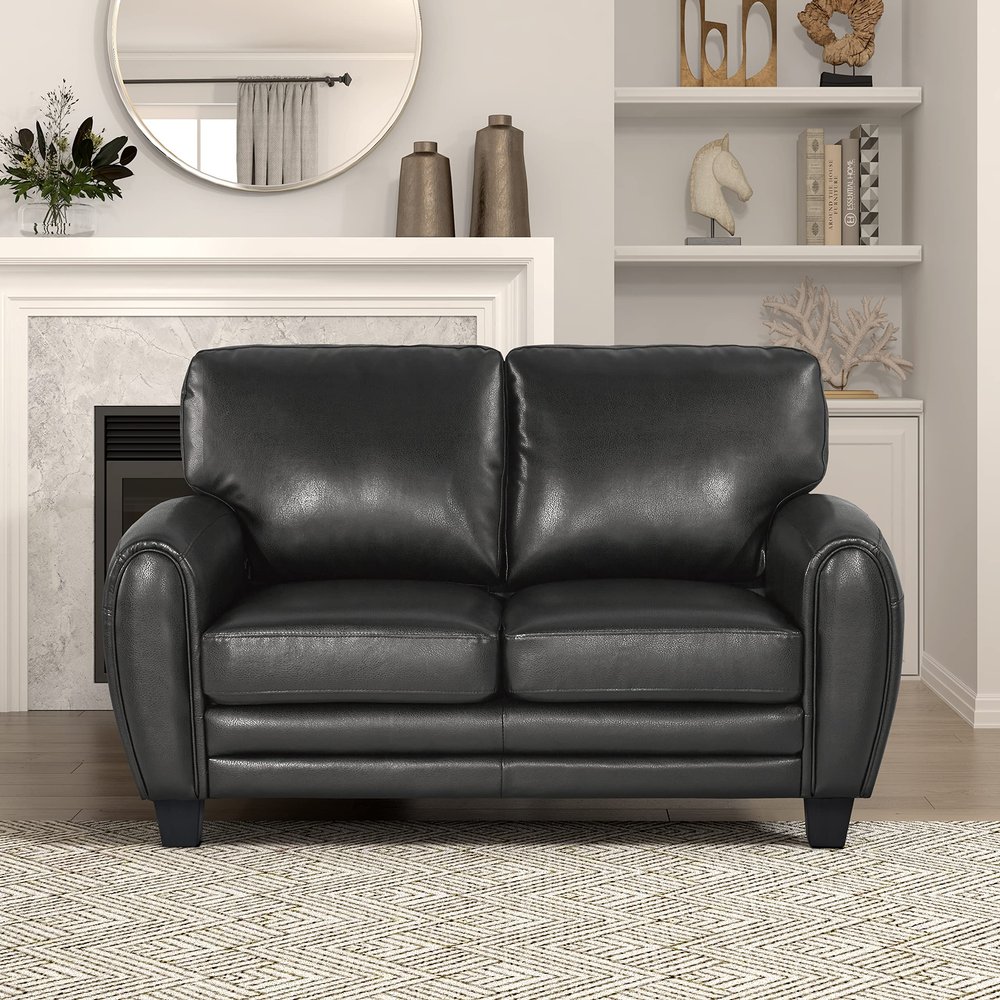 Homelegance 61.5"W Rubin Modern Loveseat with Track Arms, Foam Cushions, Comfort 2 Seater Couch, Faux Leather Love Seat, for Living Room, Apartment, Office, Easy Assembly, Black