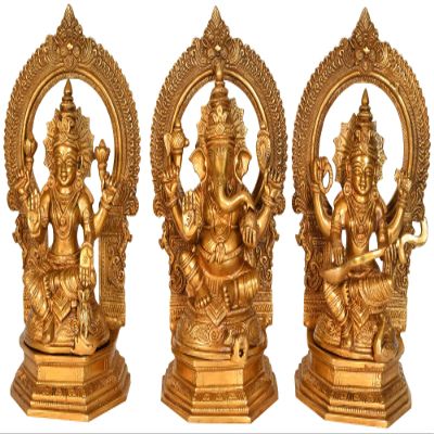 Lakshmi Ganesha Saraswati - Set of Three Statues - Brass Statue