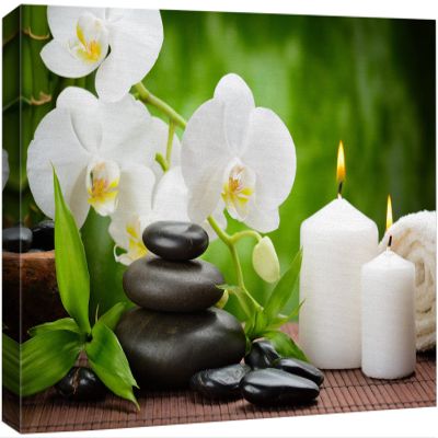 wall26 Canvas Print Wall Art Basalt Stones & Orchids on Wood Panel Nature Floral Photography Realism Rustic Colorful Multicolor Ultra for Living Room, Bedroom, Office - 24"x36"