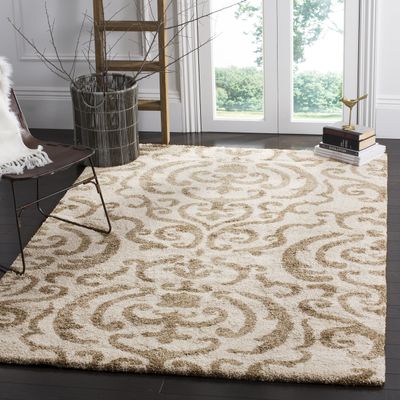 SAFAVIEH Florida Shag Collection Area Rug - 4' Square, Cream & Beige, Damask Design, Non-Shedding & Easy Care, 1.2-inch Thick Ideal for High Traffic Areas in Living Room, Bedroom (SG462-1113)