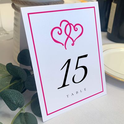 Linked Hearts and Border Wedding Table Numbers (Select Color/Quantity), White, Fuschia, 1-50, Double Sided, Tent or Use in a Stand, Great for Parties & Restaurants