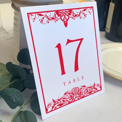 Scottish Thistle Wedding Table Numbers (Select Color/Quantity), White, Ruby Red, 1-50, Double Sided, Tent or Use in a Stand, Great for Parties & Restaurants