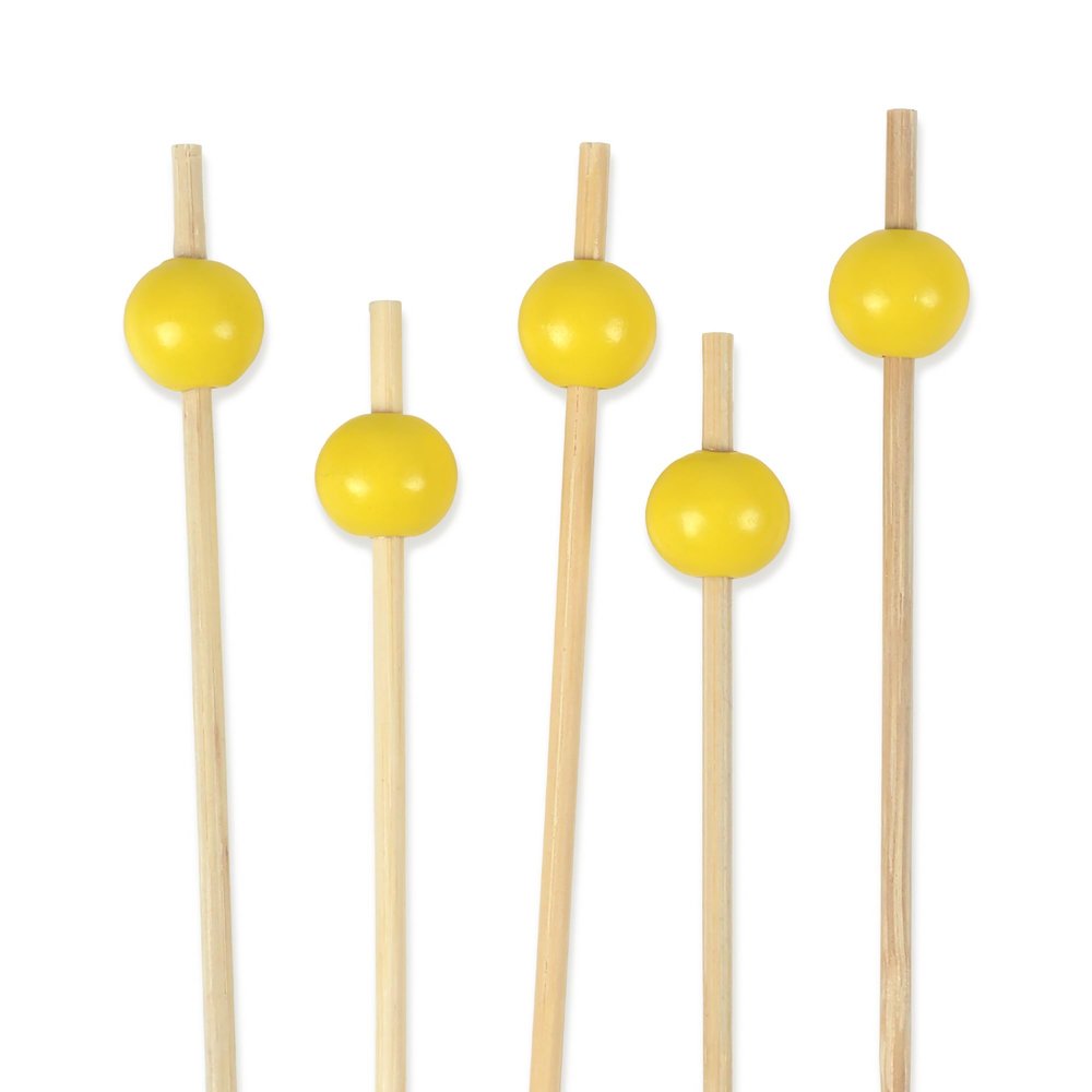 BambooMN Decorative Ball End Cocktail Fruit Sandwich Picks Skewers for Catered Events, Holiday's, Restaurants or Buffets Party Supplies - 4.7" Bright Yellow, 300 Pcs