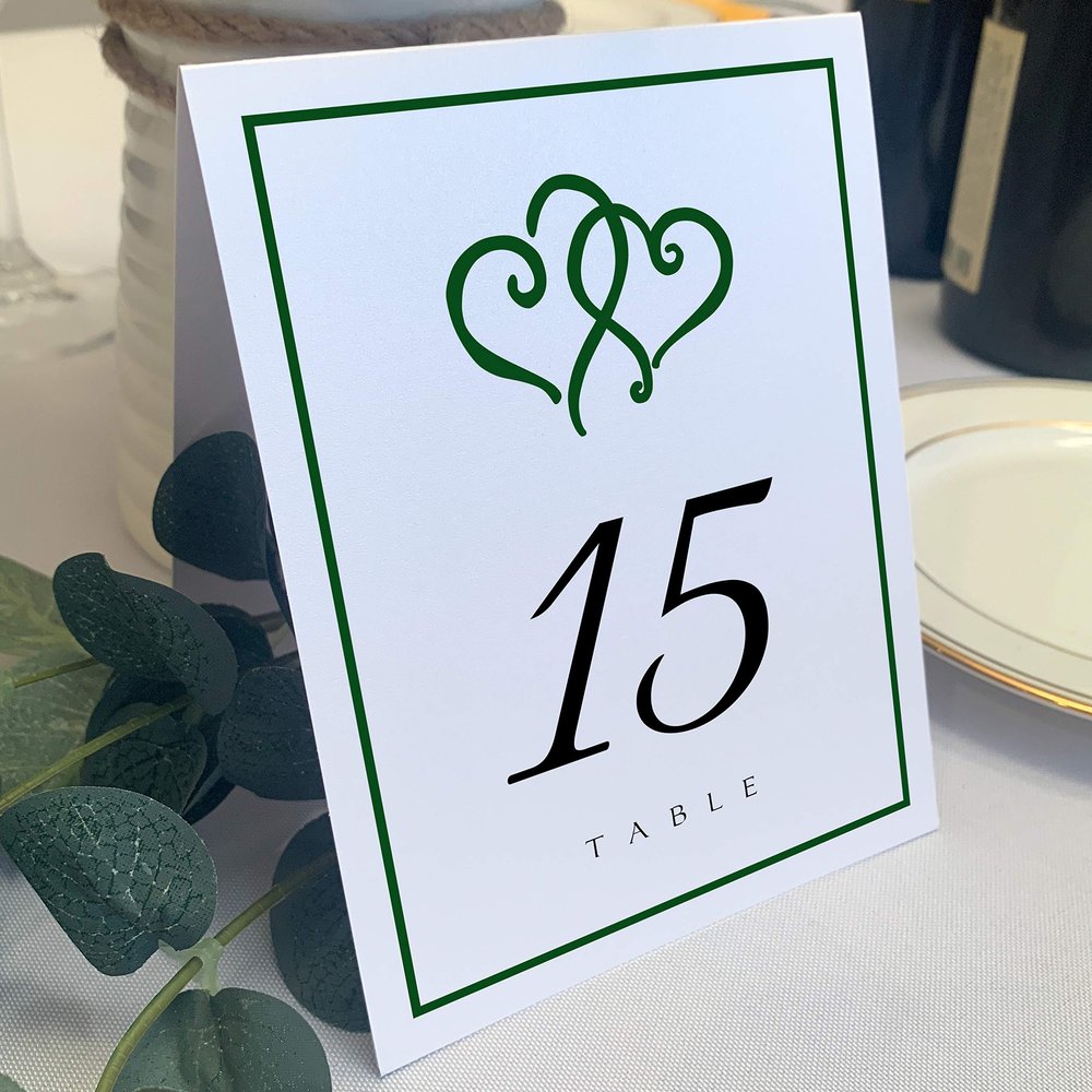 Linked Hearts and Border Wedding Table Numbers (Select Color/Quantity), White, Hunter Green, 1-45, Double Sided, Tent or Use in a Stand, Great for Parties & Restaurants