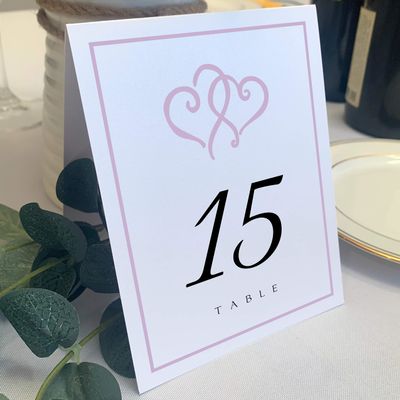 Linked Hearts and Border Wedding Table Numbers (Select Color/Quantity), White, Lavender, 1-45, Double Sided, Tent or Use in a Stand, Great for Parties & Restaurants