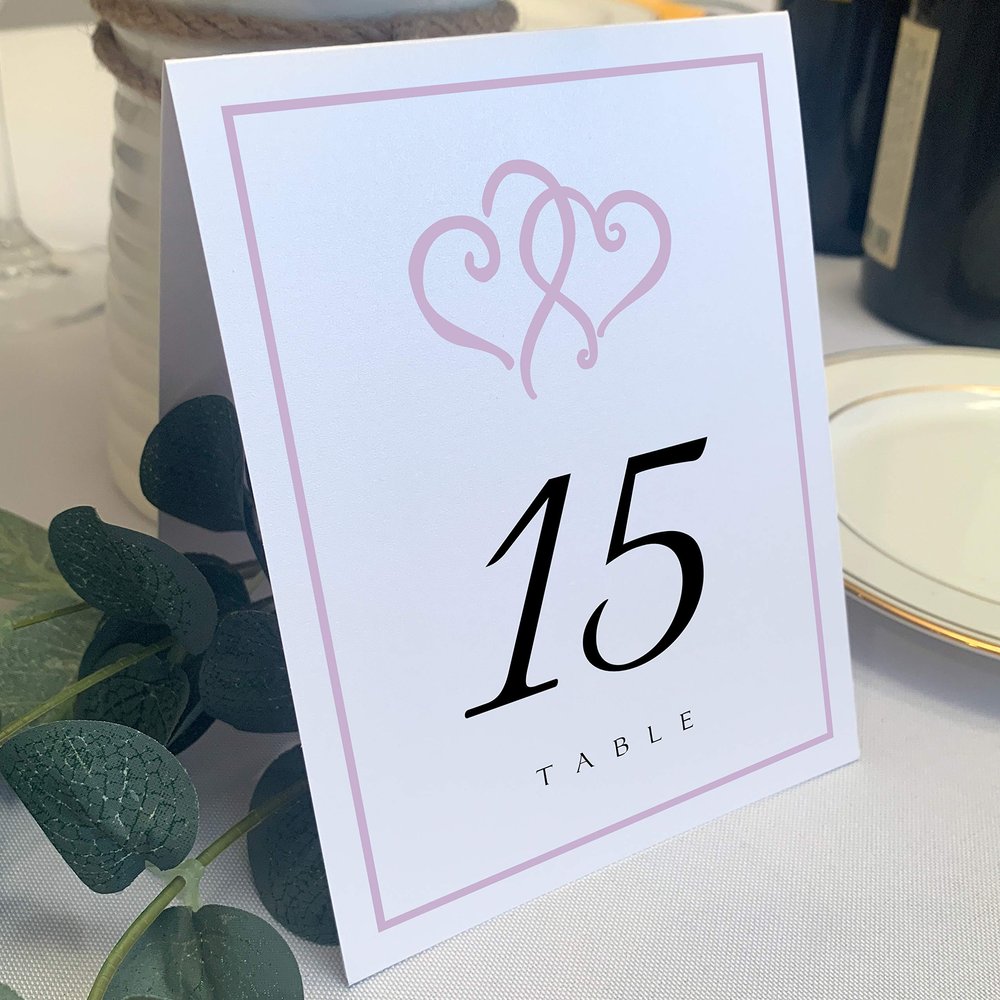 Linked Hearts and Border Wedding Table Numbers (Select Color/Quantity), White, Lavender, 1-45, Double Sided, Tent or Use in a Stand, Great for Parties & Restaurants