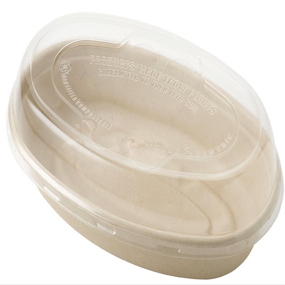 World Centric 32 oz Oval Bagasse Fiber Salad, Grain, and Burrito Bowl with Clear PLA Dome Lids, Pack of 50 Sets