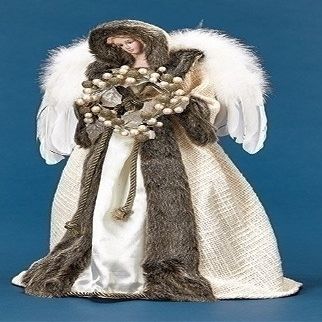 Roman 31431 18.5" Angel with Wreath Treetopper Berries and Leaves Trimmed Edge