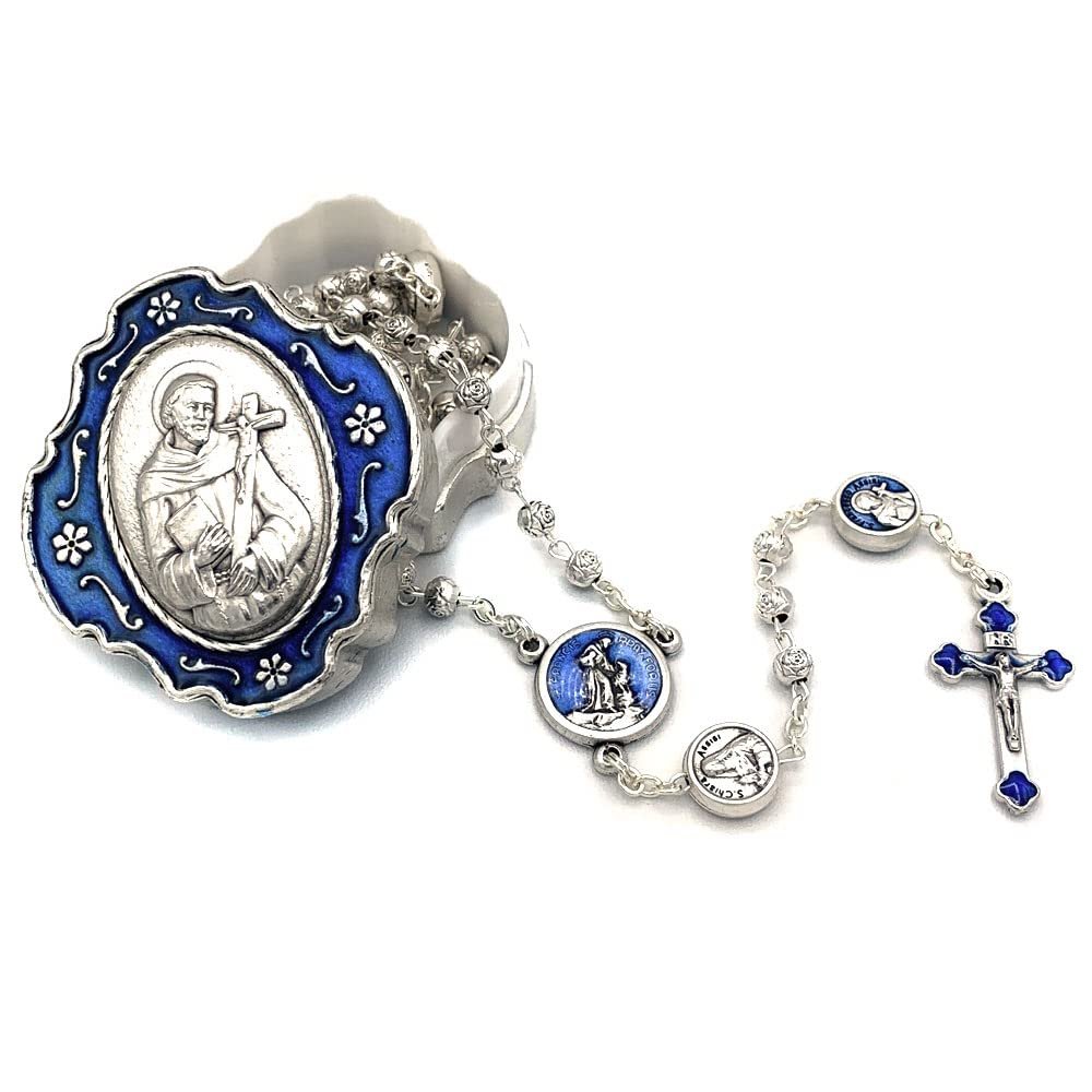 Catholic Rosary Beads with Metal Keepsake Gift Box Set (St Francis Blue)