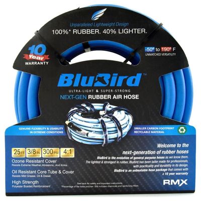 BLUBIRD BB3825 3/8" x 25' Rubber Air Hose, 100% Rubber, Lightest, Strongest, Most Flexible, 300 PSI, 50F to 190F Degrees, Ozone Resistant, High Strength Polyester Braided