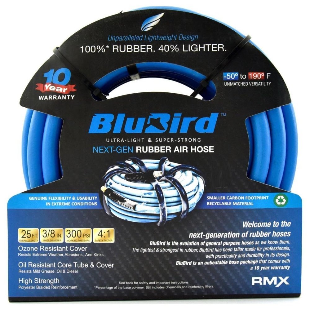 BLUBIRD BB3825 3/8" x 25' Rubber Air Hose, 100% Rubber, Lightest, Strongest, Most Flexible, 300 PSI, 50F to 190F Degrees, Ozone Resistant, High Strength Polyester Braided