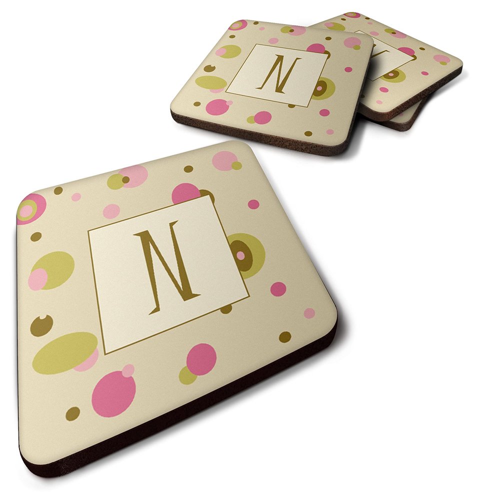 Caroline's Treasures CJ1004-NFC Letter N Initial Monogram - Tan Dots Foam Coaster Set of 4 Set of 4 Cup Coasters for Indoor Outdoor, Tabletop Protection, Anti Slip, Mouse pad Material