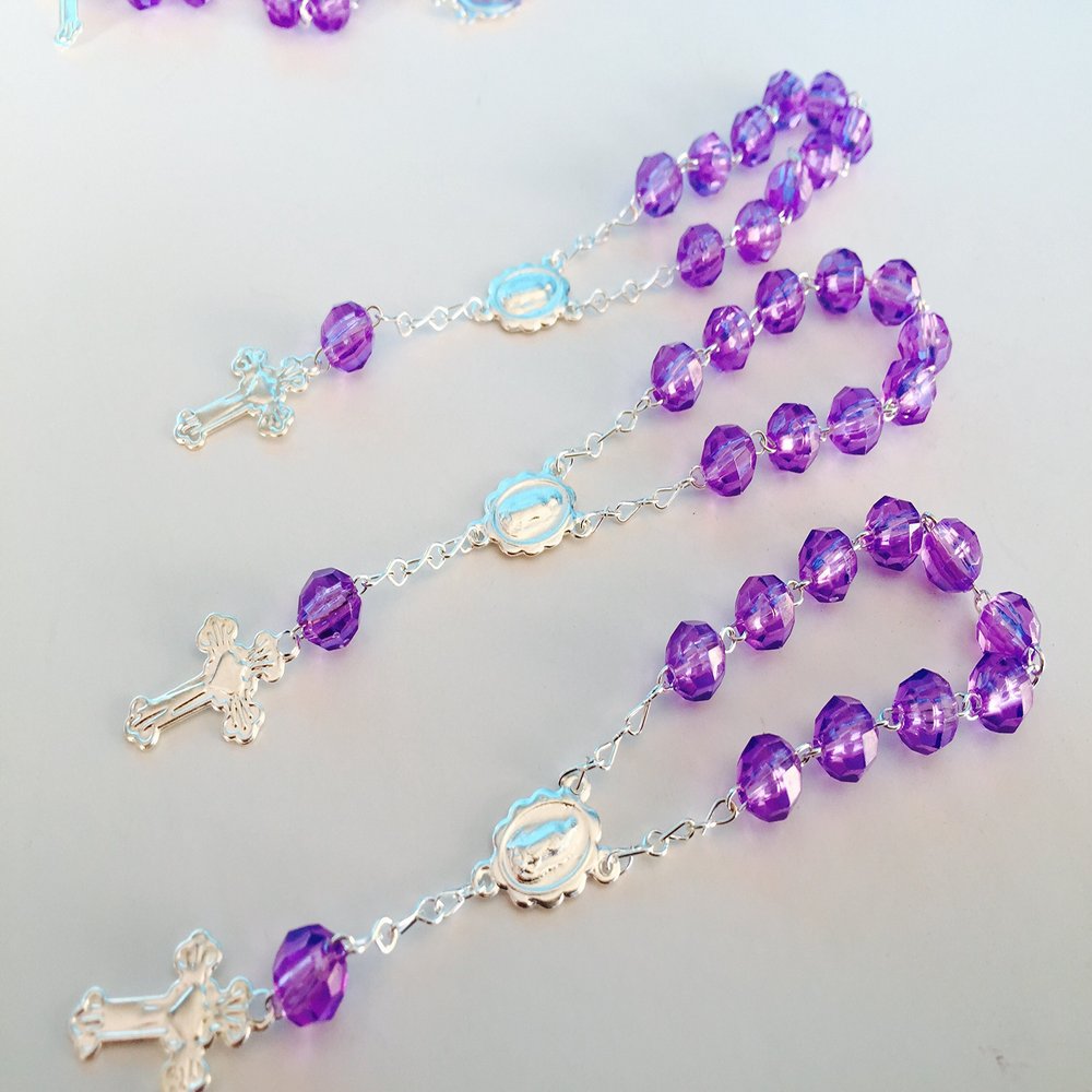 25 Pc Baptism Favors Purple Acrylic Beads Silver Plated Accents Mini Rosaries Acrylic Beads/Recuerditos De Bautismo/Christening Favors/Decenarios/Decades/Finger Rosaries