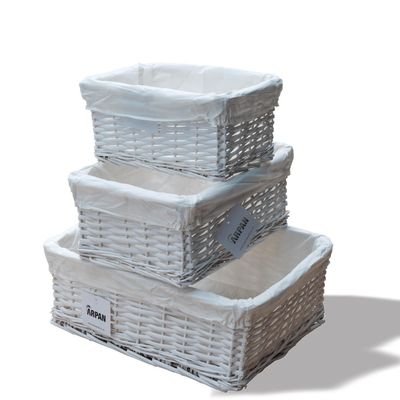 Arpan Set Of 3 White Wicker Gift Hamper Storage Basket With White Cloth Lining