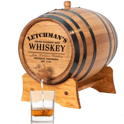 Personalized 1 Liter Oak Aging Barrel Liquor Dispenser w/Wood Stand, Bung & Spigot - Age Cocktails, Bourbon, Whisky, Rum, Tequila, Mead Wine - 1L Mini Whiskey Barrels (P5)