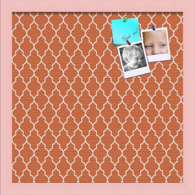 ArtToFrames 16x16 Custom Cork Bulletin Board. This Quatrefoil Orange Pin Board Has a Fabric Style Canvas Finish, Framed in Baby Pink on Beech (PinPix-328-16x16_0066-81792-YPNK)