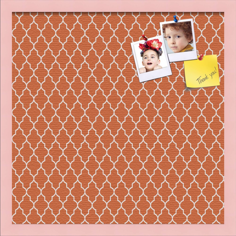 ArtToFrames 20x20 Custom Cork Bulletin Board. This Quatrefoil Orange Pin Board Has a Fabric Style Canvas Finish, Framed in Baby Pink on Beech (PinPix-328-20x20_0066-81792-YPNK)