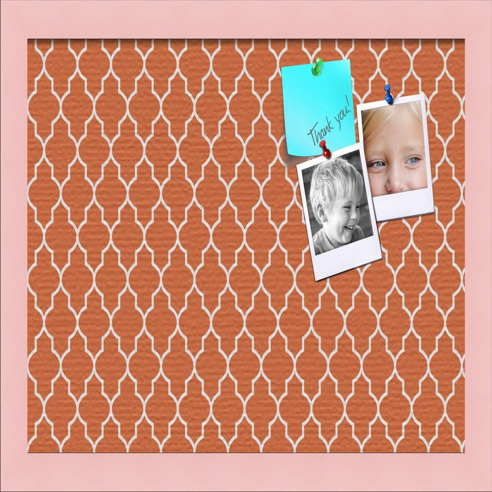 ArtToFrames 18x12 Custom Cork Bulletin Board. This Quatrefoil Orange Pin Board Has a Fabric Style Canvas Finish, Framed in Baby Pink on Beech (PinPix-328-18x12_0066-81792-YPNK)