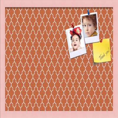 ArtToFrames 24x16 Custom Cork Bulletin Board. This Quatrefoil Orange Pin Board Has a Fabric Style Canvas Finish, Framed in Baby Pink on Beech (PinPix-328-24x16_0066-81792-YPNK)