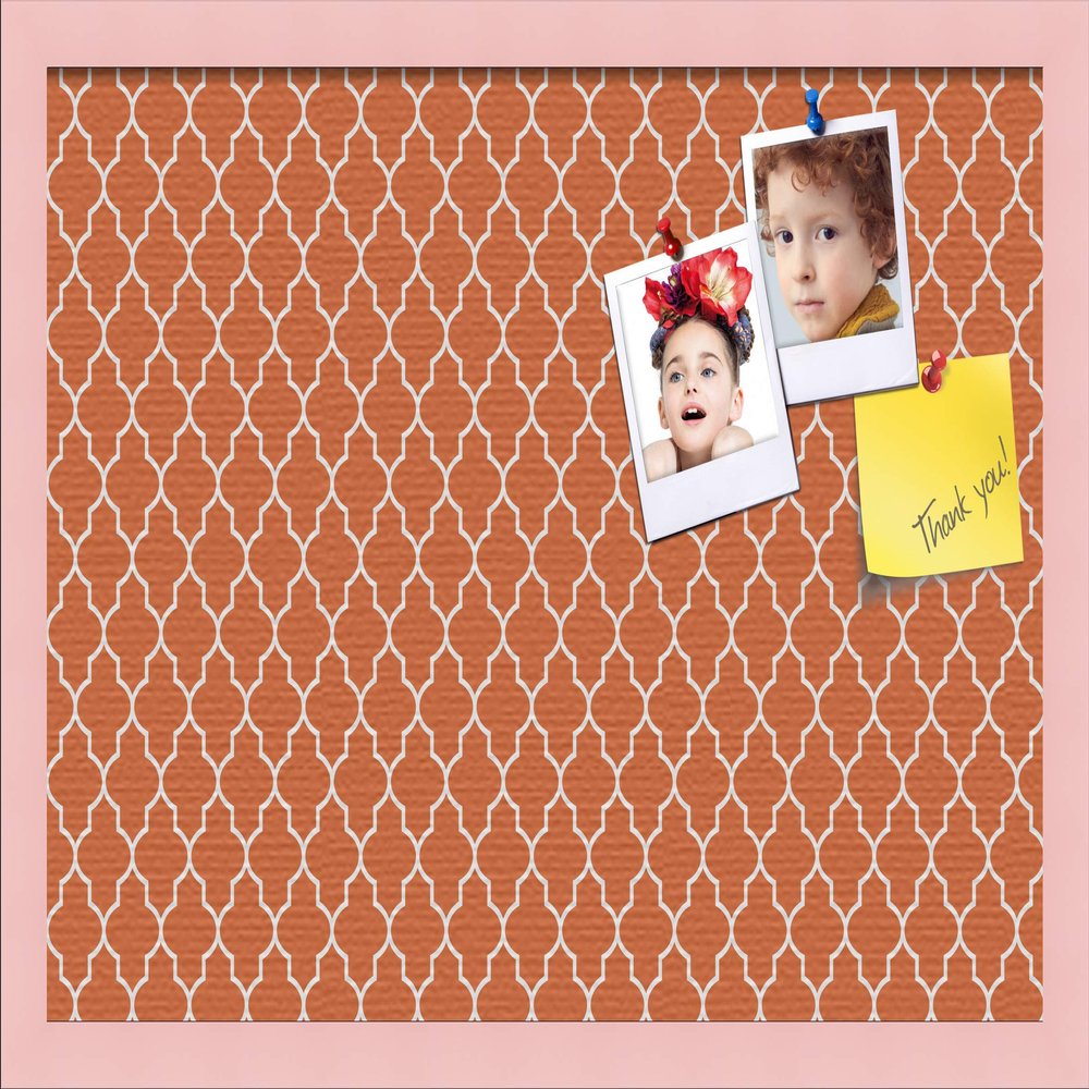 ArtToFrames 24x16 Custom Cork Bulletin Board. This Quatrefoil Orange Pin Board Has a Fabric Style Canvas Finish, Framed in Baby Pink on Beech (PinPix-328-24x16_0066-81792-YPNK)