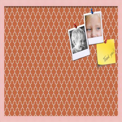 ArtToFrames 30x20 Custom Cork Bulletin Board. This Quatrefoil Orange Pin Board Has a Fabric Style Canvas Finish, Framed in Baby Pink on Beech (PinPix-328-30x20_0066-81792-YPNK)