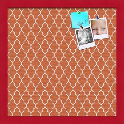 ArtToFrames 16x16 Custom Cork Bulletin Board. This Quatrefoil Orange Pin Board Has a Fabric Style Canvas Finish, Framed in Red Stain on Beech (PinPix-328-16x16_0066-81792-YRED)