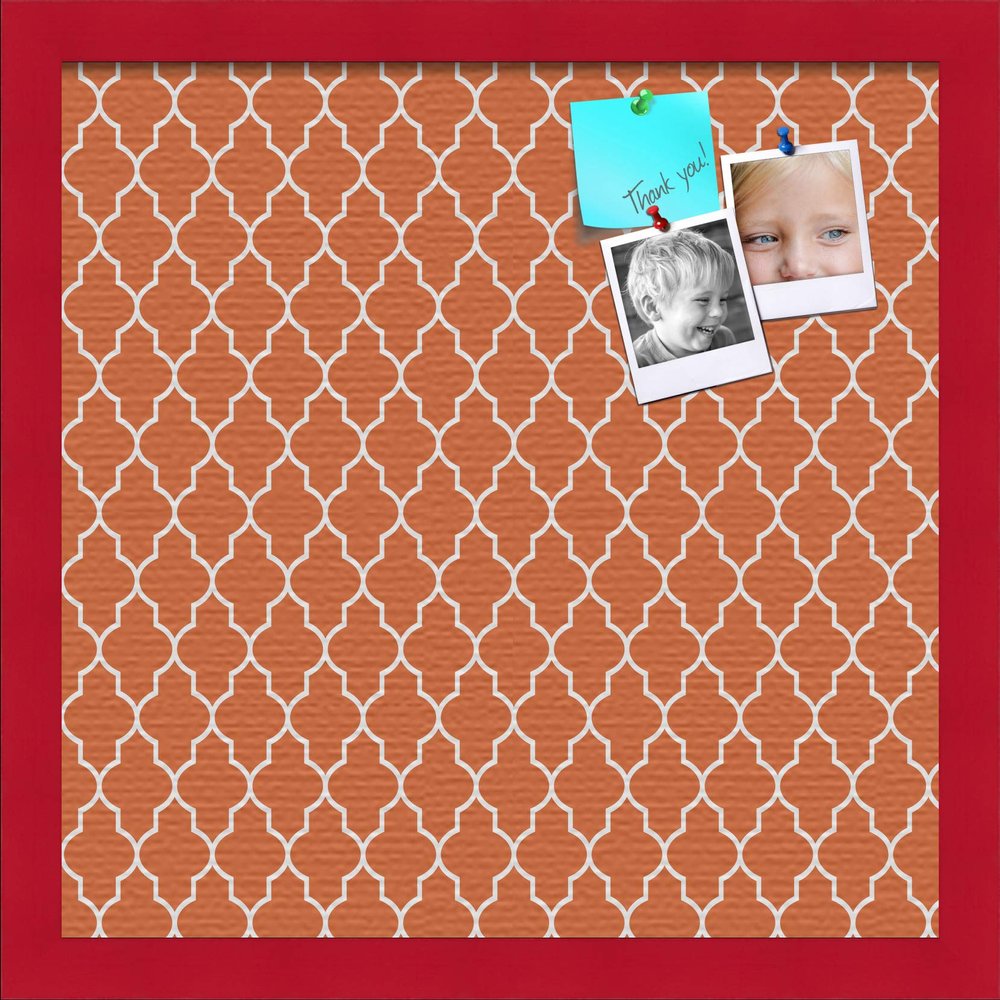 ArtToFrames 16x16 Custom Cork Bulletin Board. This Quatrefoil Orange Pin Board Has a Fabric Style Canvas Finish, Framed in Red Stain on Beech (PinPix-328-16x16_0066-81792-YRED)