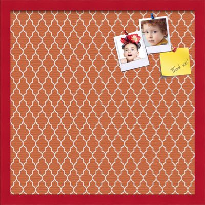 ArtToFrames 20x20 Custom Cork Bulletin Board. This Quatrefoil Orange Pin Board Has a Fabric Style Canvas Finish, Framed in Red Stain on Beech (PinPix-328-20x20_0066-81792-YRED)