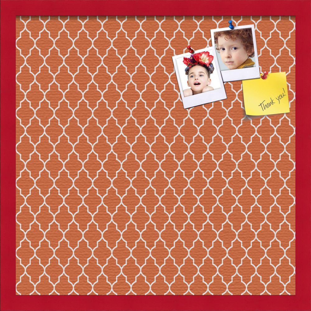 ArtToFrames 20x20 Custom Cork Bulletin Board. This Quatrefoil Orange Pin Board Has a Fabric Style Canvas Finish, Framed in Red Stain on Beech (PinPix-328-20x20_0066-81792-YRED)