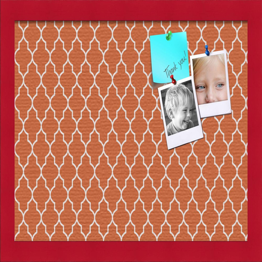 ArtToFrames 18x12 Custom Cork Bulletin Board. This Quatrefoil Orange Pin Board Has a Fabric Style Canvas Finish, Framed in Red Stain on Beech (PinPix-328-18x12_0066-81792-YRED)