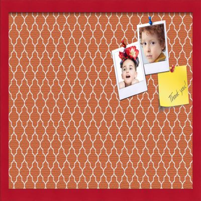 ArtToFrames 24x16 Custom Cork Bulletin Board. This Quatrefoil Orange Pin Board Has a Fabric Style Canvas Finish, Framed in Red Stain on Beech (PinPix-328-24x16_0066-81792-YRED)