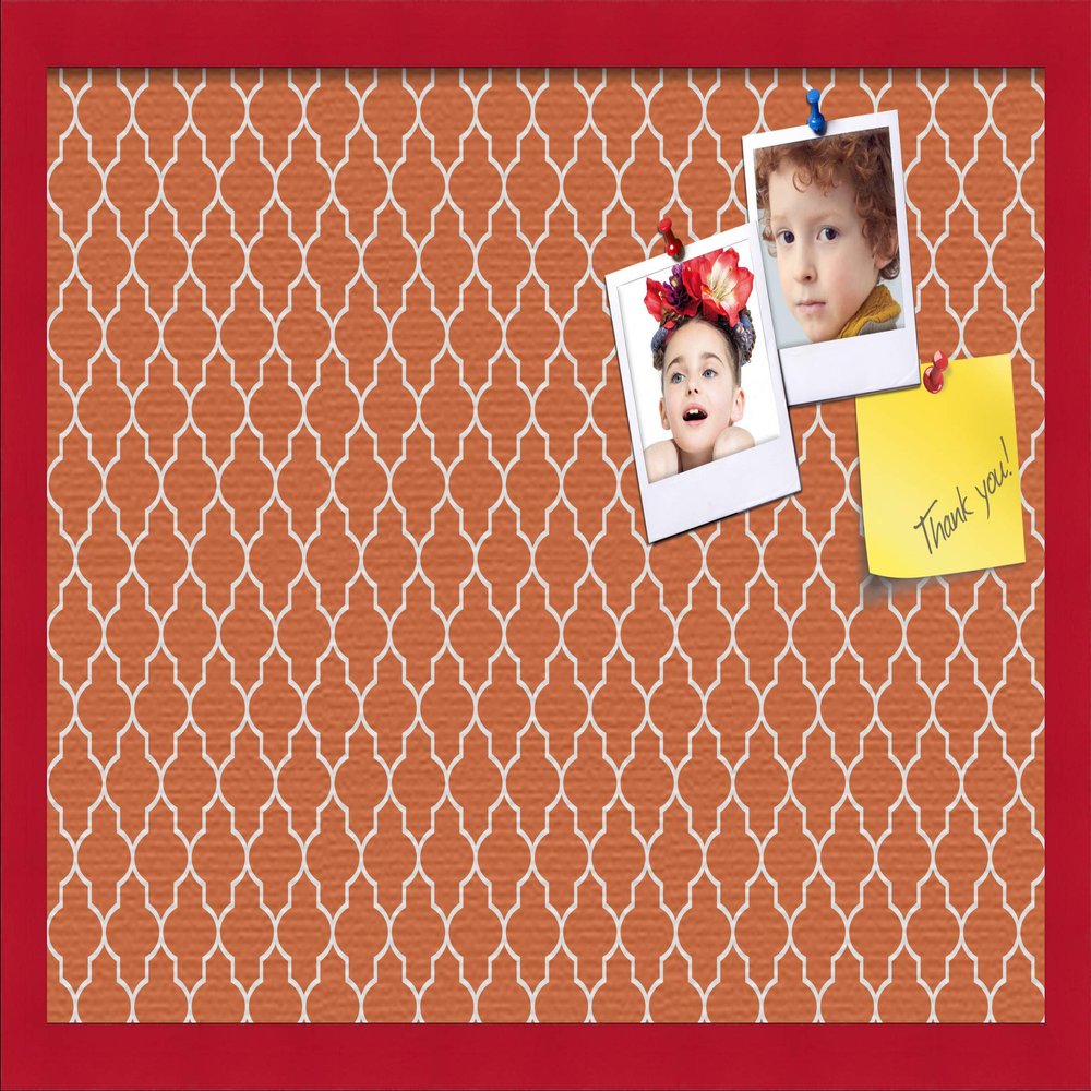 ArtToFrames 24x16 Custom Cork Bulletin Board. This Quatrefoil Orange Pin Board Has a Fabric Style Canvas Finish, Framed in Red Stain on Beech (PinPix-328-24x16_0066-81792-YRED)