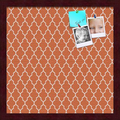 ArtToFrames 16x16 Custom Cork Bulletin Board. This Quatrefoil Orange Pin Board Has a Fabric Style Canvas Finish, Framed in Mahogany (PinPix-328-16x16_FRBW26039)