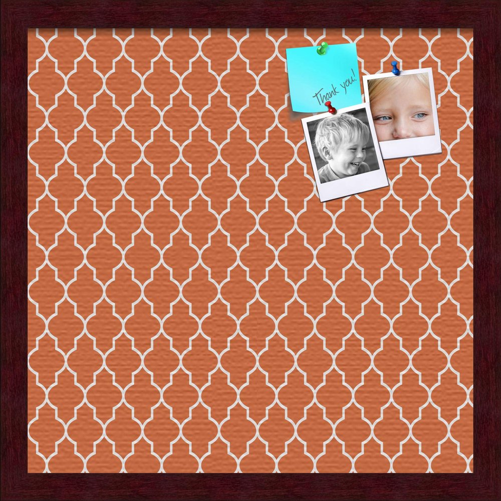 ArtToFrames 16x16 Custom Cork Bulletin Board. This Quatrefoil Orange Pin Board Has a Fabric Style Canvas Finish, Framed in Mahogany (PinPix-328-16x16_FRBW26039)
