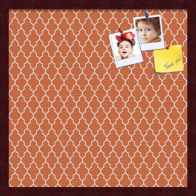 ArtToFrames 20x20 Custom Cork Bulletin Board. This Quatrefoil Orange Pin Board Has a Fabric Style Canvas Finish, Framed in Mahogany (PinPix-328-20x20_FRBW26039)