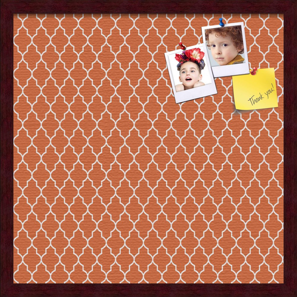 ArtToFrames 20x20 Custom Cork Bulletin Board. This Quatrefoil Orange Pin Board Has a Fabric Style Canvas Finish, Framed in Mahogany (PinPix-328-20x20_FRBW26039)