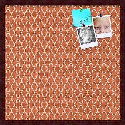 ArtToFrames 24x24 Custom Cork Bulletin Board. This Quatrefoil Orange Pin Board Has a Fabric Style Canvas Finish, Framed in Mahogany (PinPix-328-24x24_FRBW26039)