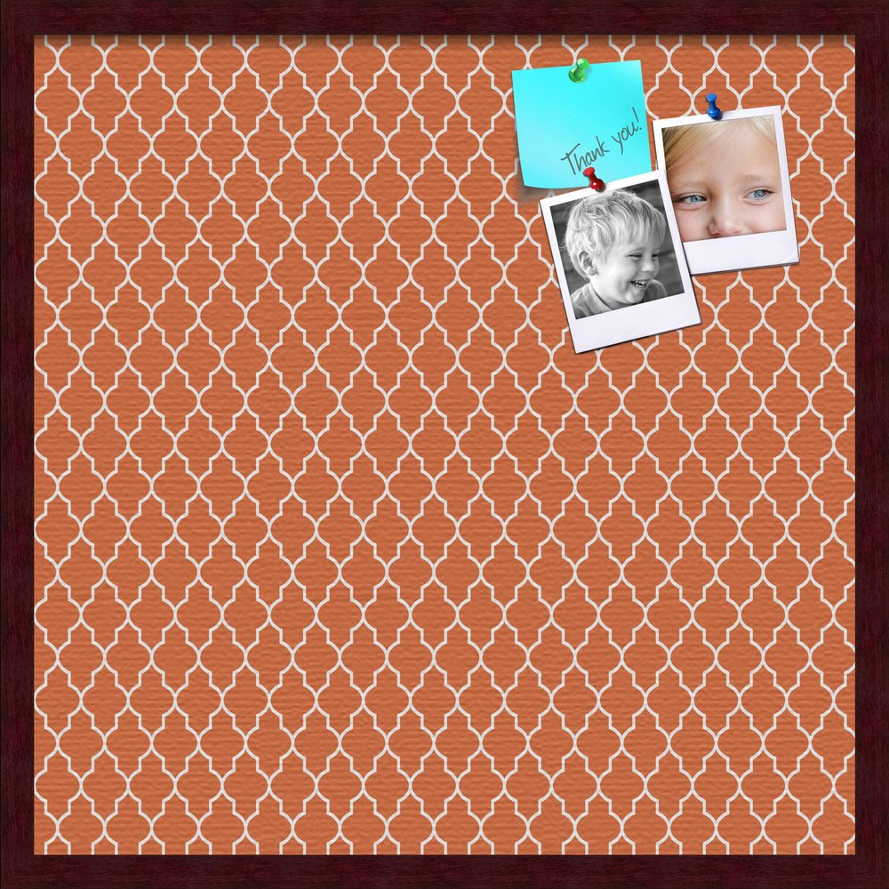 ArtToFrames 24x24 Custom Cork Bulletin Board. This Quatrefoil Orange Pin Board Has a Fabric Style Canvas Finish, Framed in Mahogany (PinPix-328-24x24_FRBW26039)