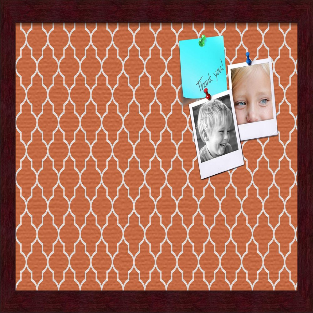 ArtToFrames 18x12 Custom Cork Bulletin Board. This Quatrefoil Orange Pin Board Has a Fabric Style Canvas Finish, Framed in Mahogany (PinPix-328-18x12_FRBW26039)