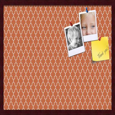 ArtToFrames 30x20 Custom Cork Bulletin Board. This Quatrefoil Orange Pin Board Has a Fabric Style Canvas Finish, Framed in Mahogany (PinPix-328-30x20_FRBW26039)