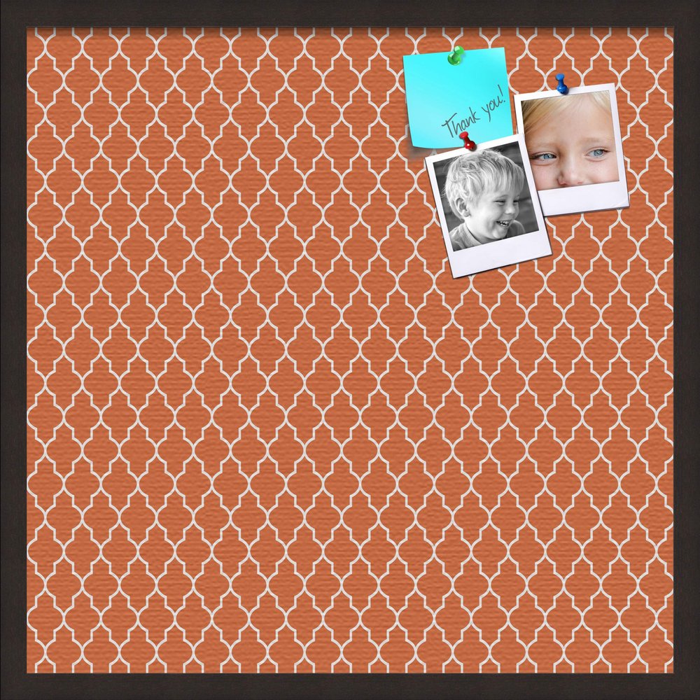 ArtToFrames 24x24 Custom Cork Bulletin Board. This Quatrefoil Orange Pin Board Has a Fabric Style Canvas Finish, Framed in Coffee (PinPix-328-24x24_FRBW26061)