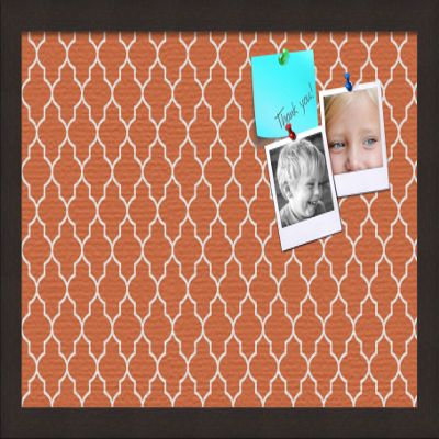 ArtToFrames 18x12 Custom Cork Bulletin Board. This Quatrefoil Orange Pin Board Has a Fabric Style Canvas Finish, Framed in Coffee (PinPix-328-18x12_FRBW26061)